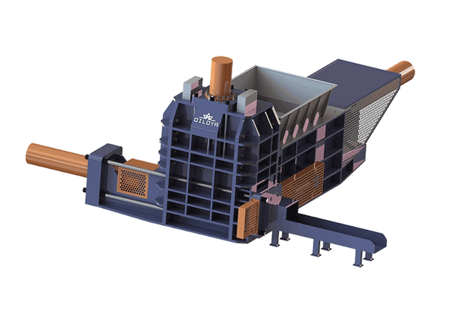 Three-ram shear baler illustration showing the loading hopper and discharge conveyor