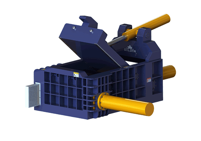 Side push-out metal baler illustration with an open loading lid