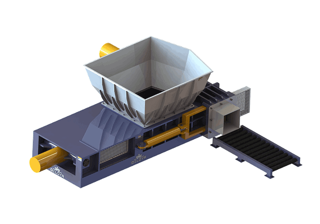 Hopper-type shear baler illustration with wide loading hopper and roller conveyor