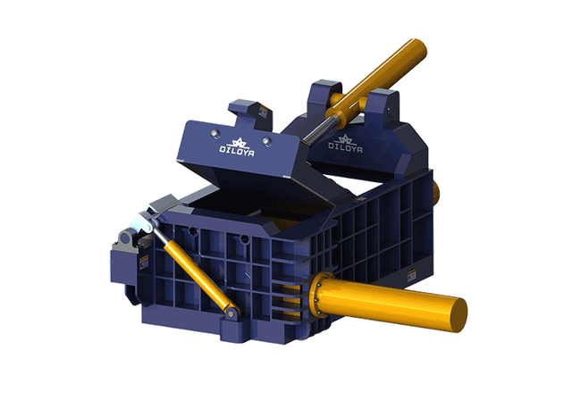 Side turn-out metal baler illustration with an open compression lid