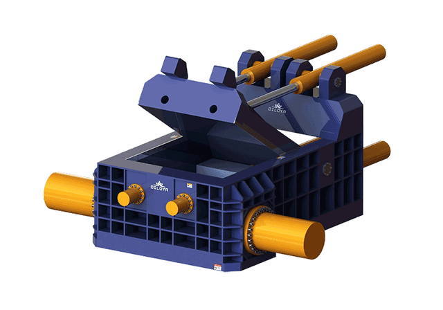 Heavy-duty metal baler illustration showing twin main cylinders