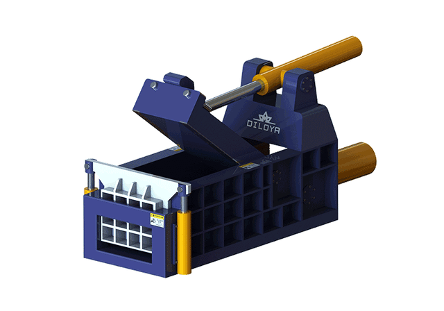 Forward-out scrap metal baler illustration showing the front discharge opening