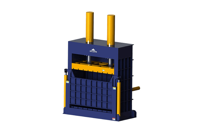 Vertical metal baler illustration with twin upper hydraulic cylinders