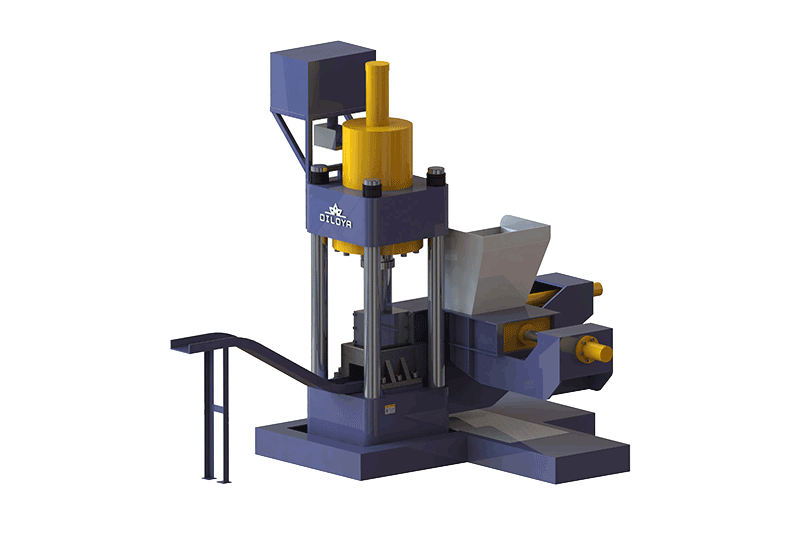 Vertical pre-press briquetting machine illustration with feeding and compaction stages
