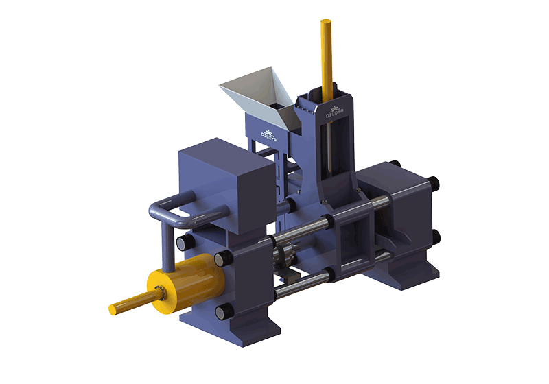 Horizontal briquette press illustration showing the main cylinder and upper feed hopper
