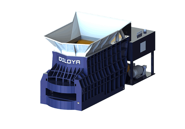 Horizontal container shear illustration with wide scrap receiving hopper