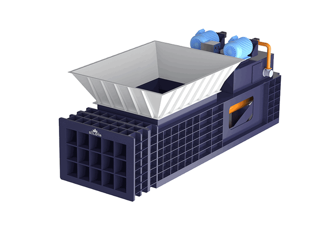 Horizontal grid shear illustration with wide hopper and reinforced cutting chamber