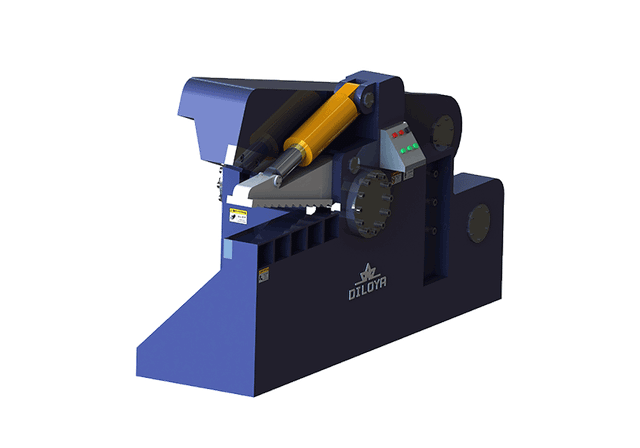 Alligator scrap shear illustration with pivoting blade and hydraulic cylinder