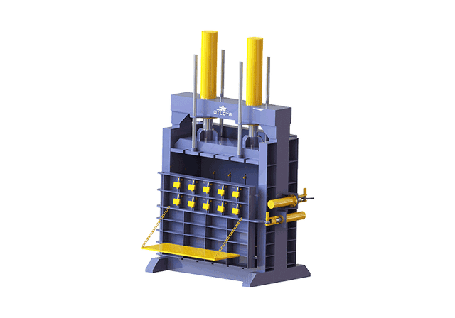 Heavy-duty tyre baler illustration with reinforced door and locking bars
