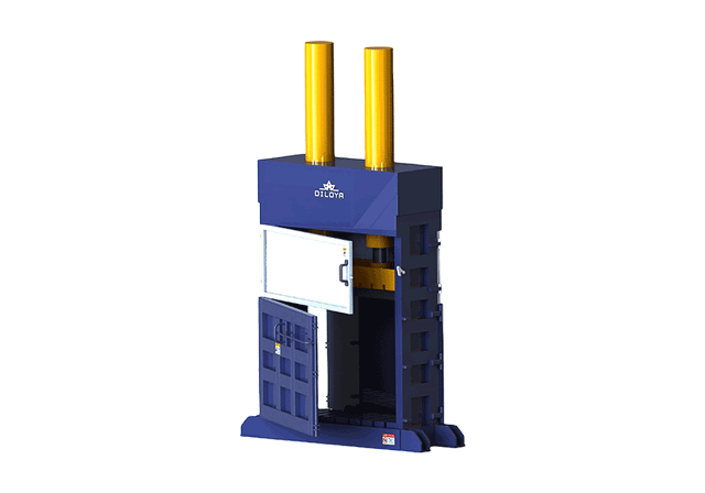 Vertical natural-fibre baler illustration with tall loading chamber