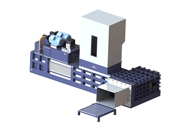 Large-bale bagging press illustration with feed hopper and roller discharge conveyor