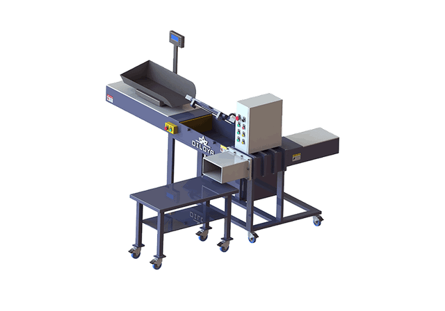 Wiping-rag bagging baler illustration with manual loading tray and discharge table