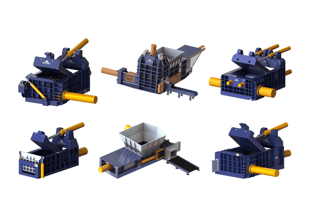Hydraulic scrap metal balers with different chamber and discharge arrangements