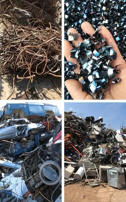 Steel scrap examples including machining chips, vehicle shells and structural offcuts